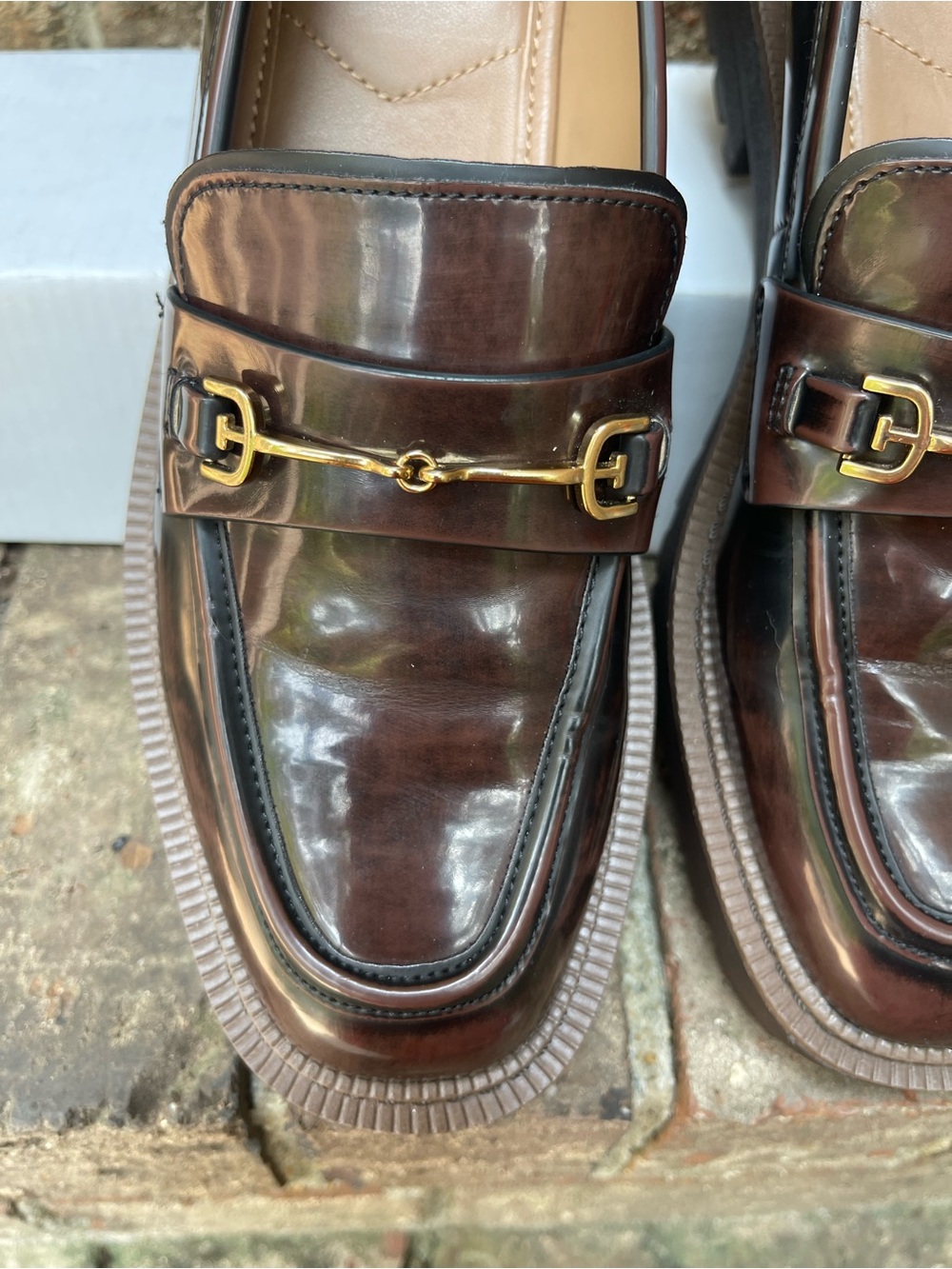 Sam Edelman Brown Lug Sole Horsebit Loafers Glossy Platform Shoes Women’s 8.5 - Picture 2 of 16